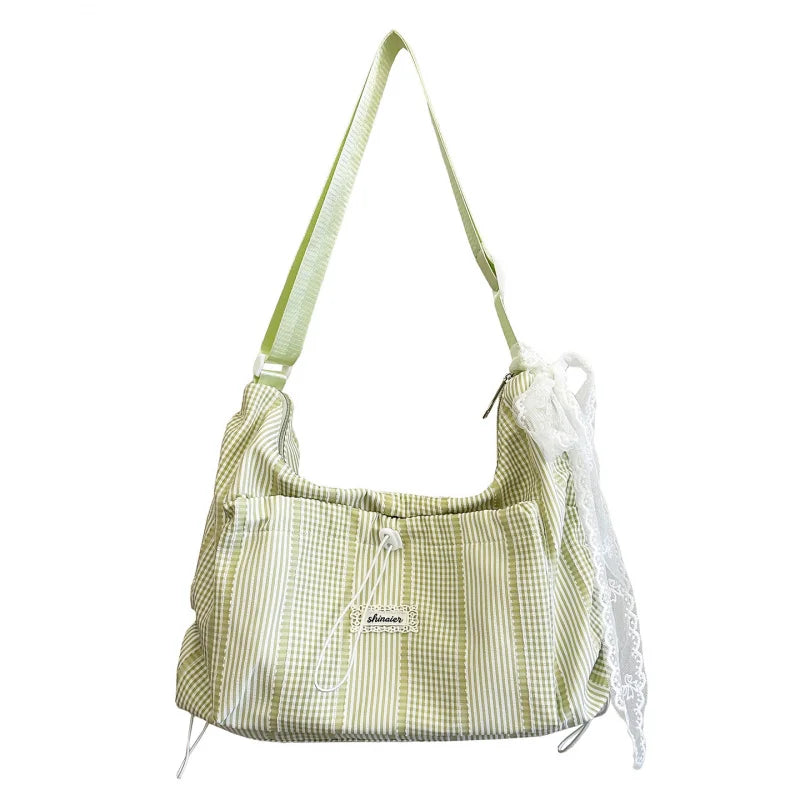 Women's Striped Nylon Tote Bag – Large Capacity Shoulder Bag