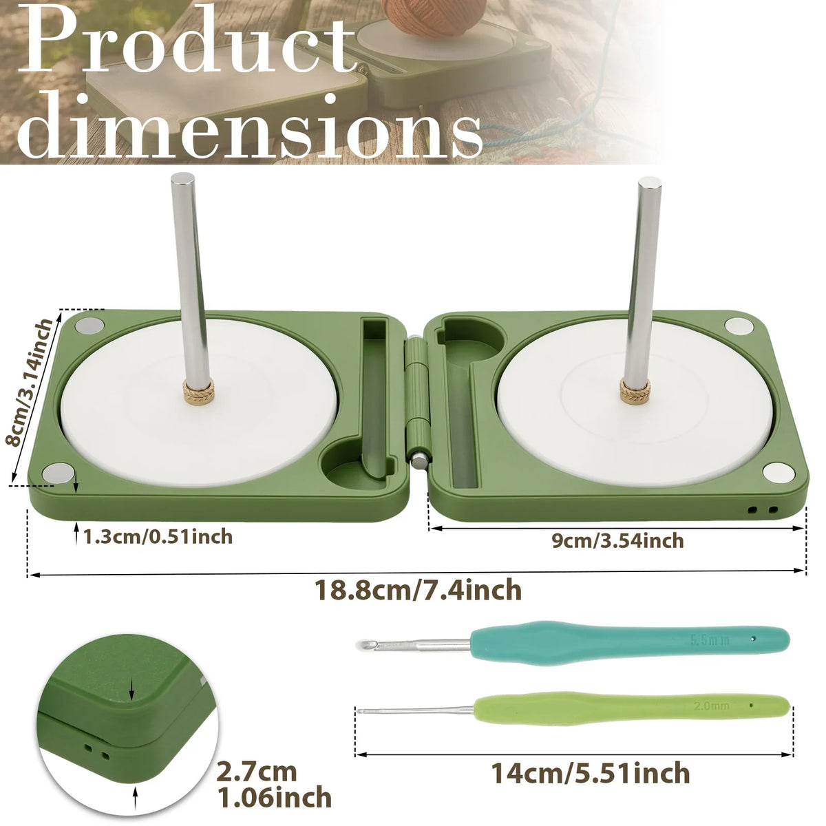 Foldable Portable Yarn Holder with Dual Spindles & Crochet Hooks