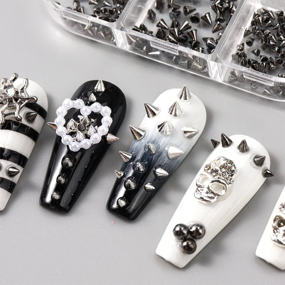 Punk Cone Spike Nail Charms – Gothic Metal Art Studs 6 Grid