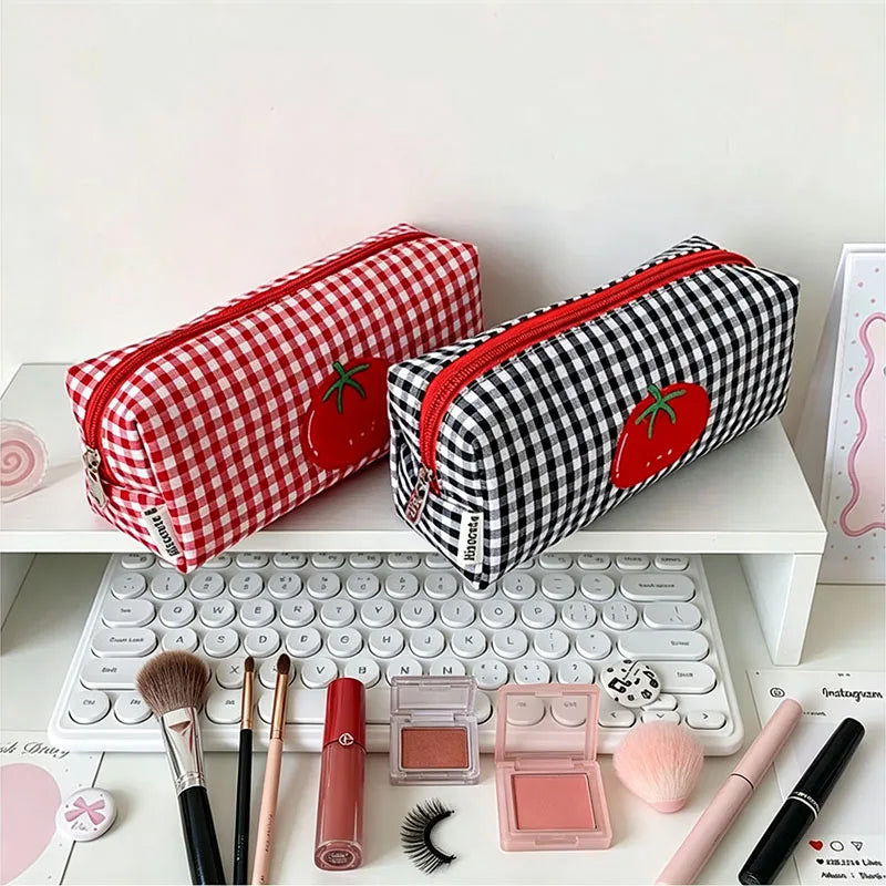 Tomato Embroidery Plaid Makeup Brush Bag & Cosmetic Organizer