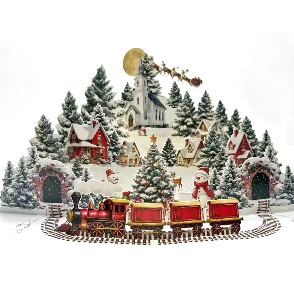 3D Pop-Up Christmas Card with Envelope – Snowy Village Scene