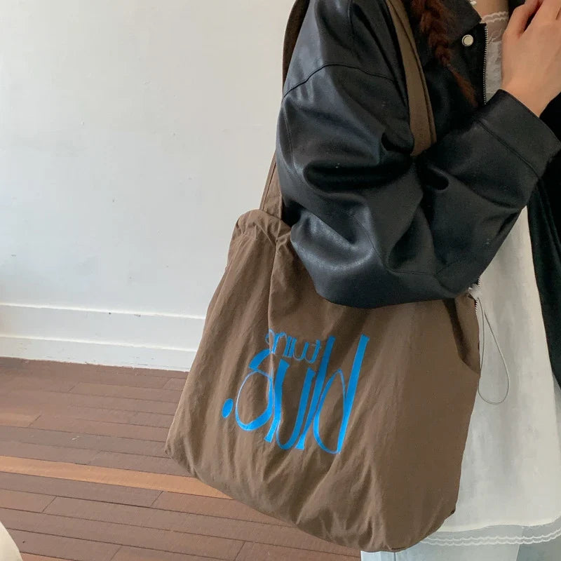Korean Drawstring Nylon Tote Bag | Large Capacity Letter Print