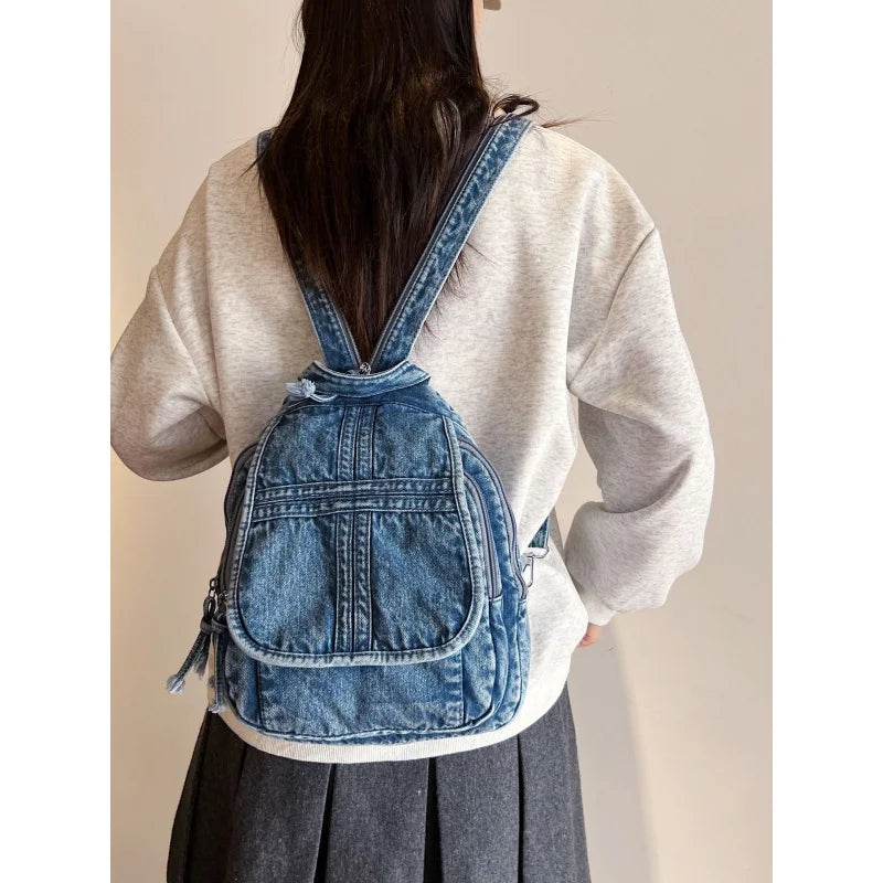 Vintage Washed Denim Backpack & Crossbody Shoulder Bag