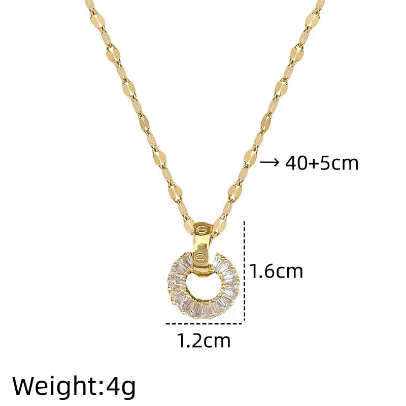 Women's Zircon Round Pendant Necklace | Gold Stainless Steel