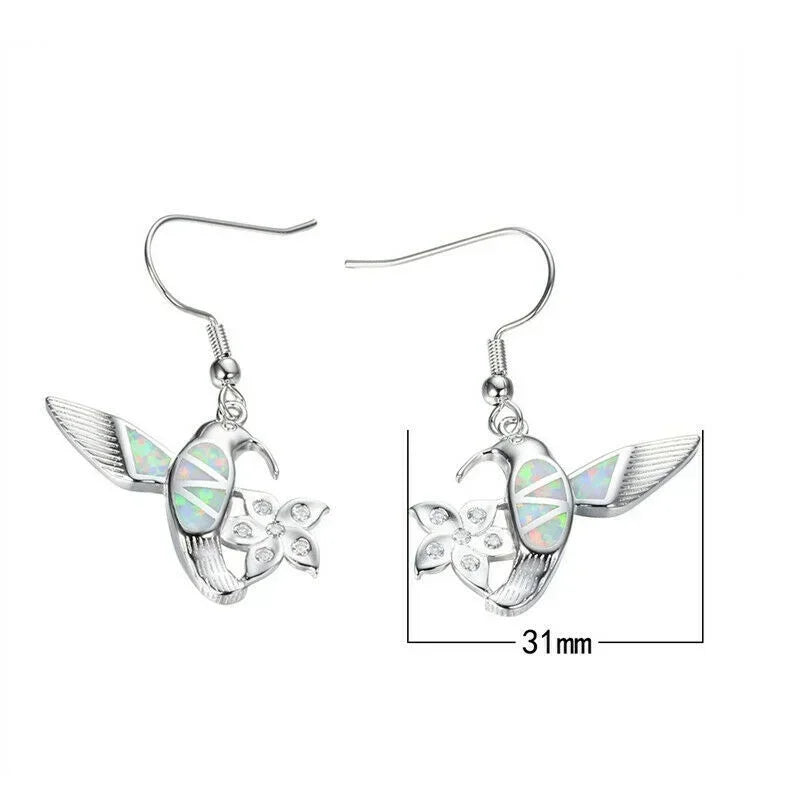 White Simulated Opal Bird Flower Crystal Stud Earrings