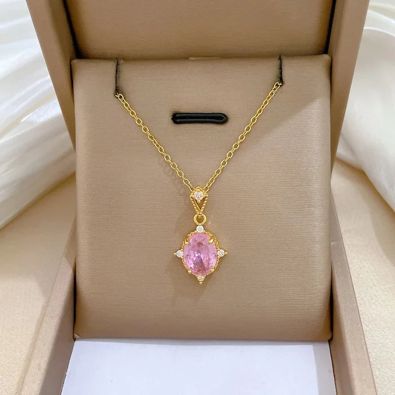 Women's Pink Zircon Pendant Gold Stainless Steel Necklace
