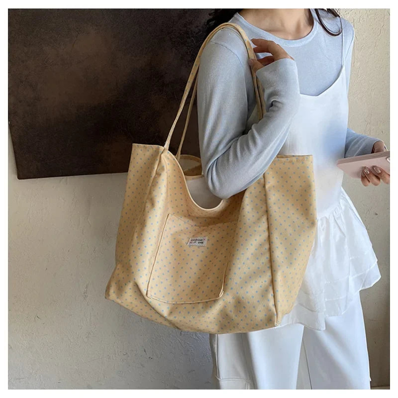 Large Canvas Tote Bag Women Polka Dot Korean Shoulder Bag