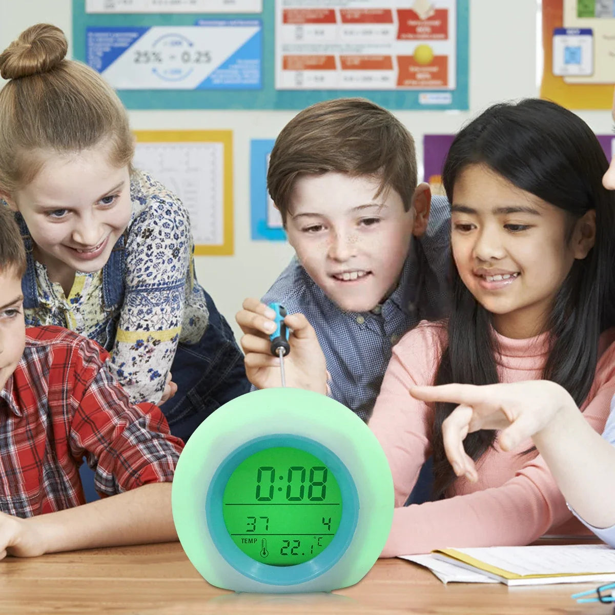 Kids Digital Alarm Clock 7-Color Night Light & Temperature