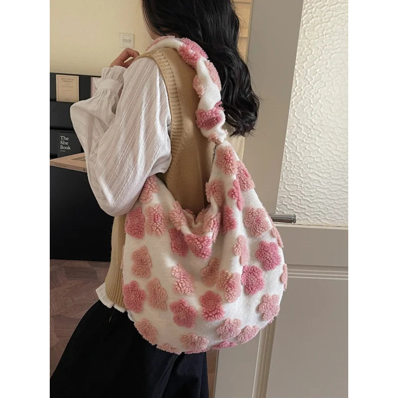 Floral Plush Dumpling Crossbody Bag – Large Capacity Women
