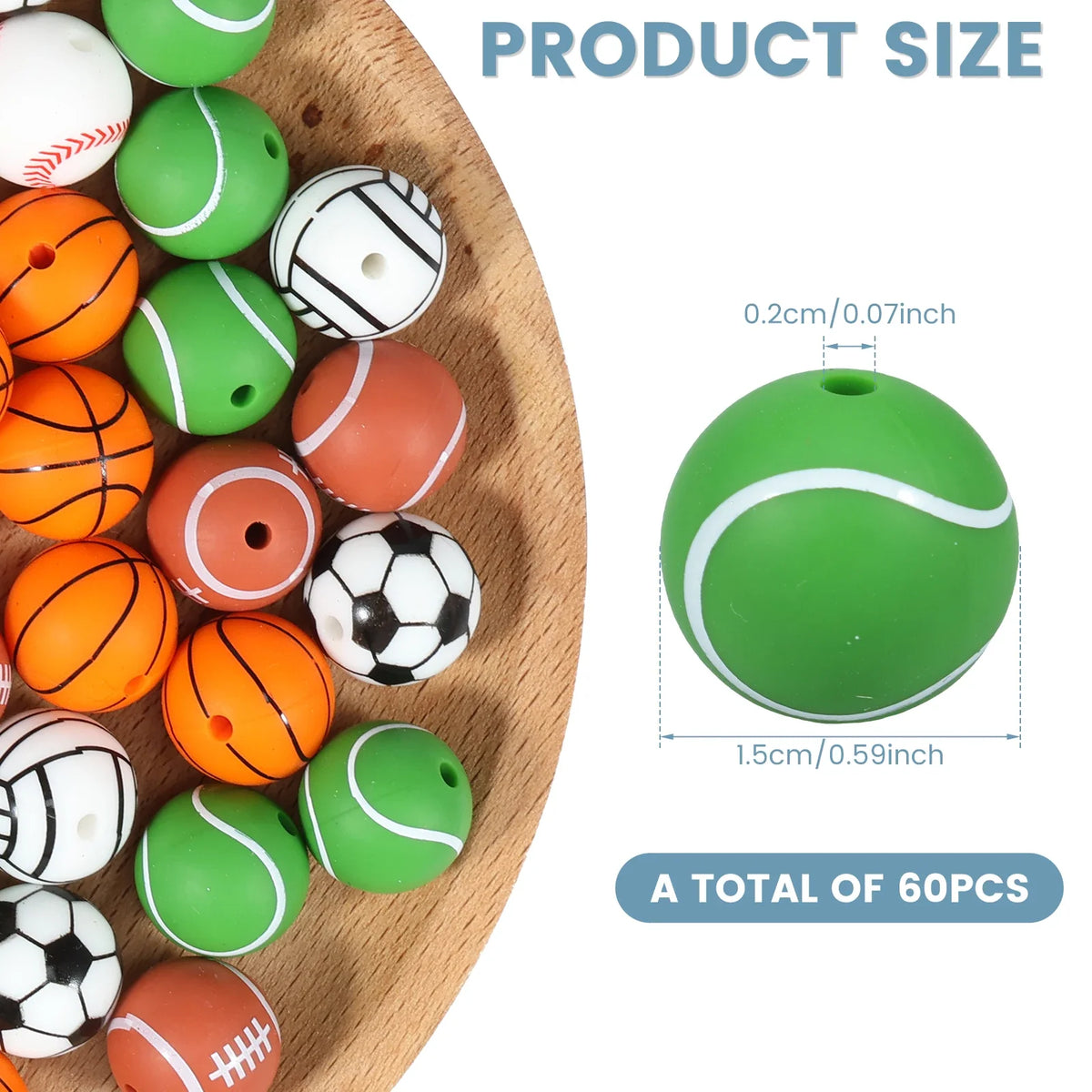 60Pcs Silicone Sports Ball Beads 15mm Bulk DIY Craft Mix