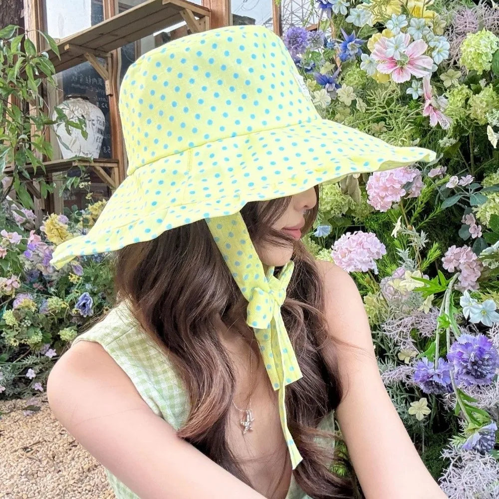 Women's Polka Dot Wide Brim Bucket Sun Hat with Ribbon