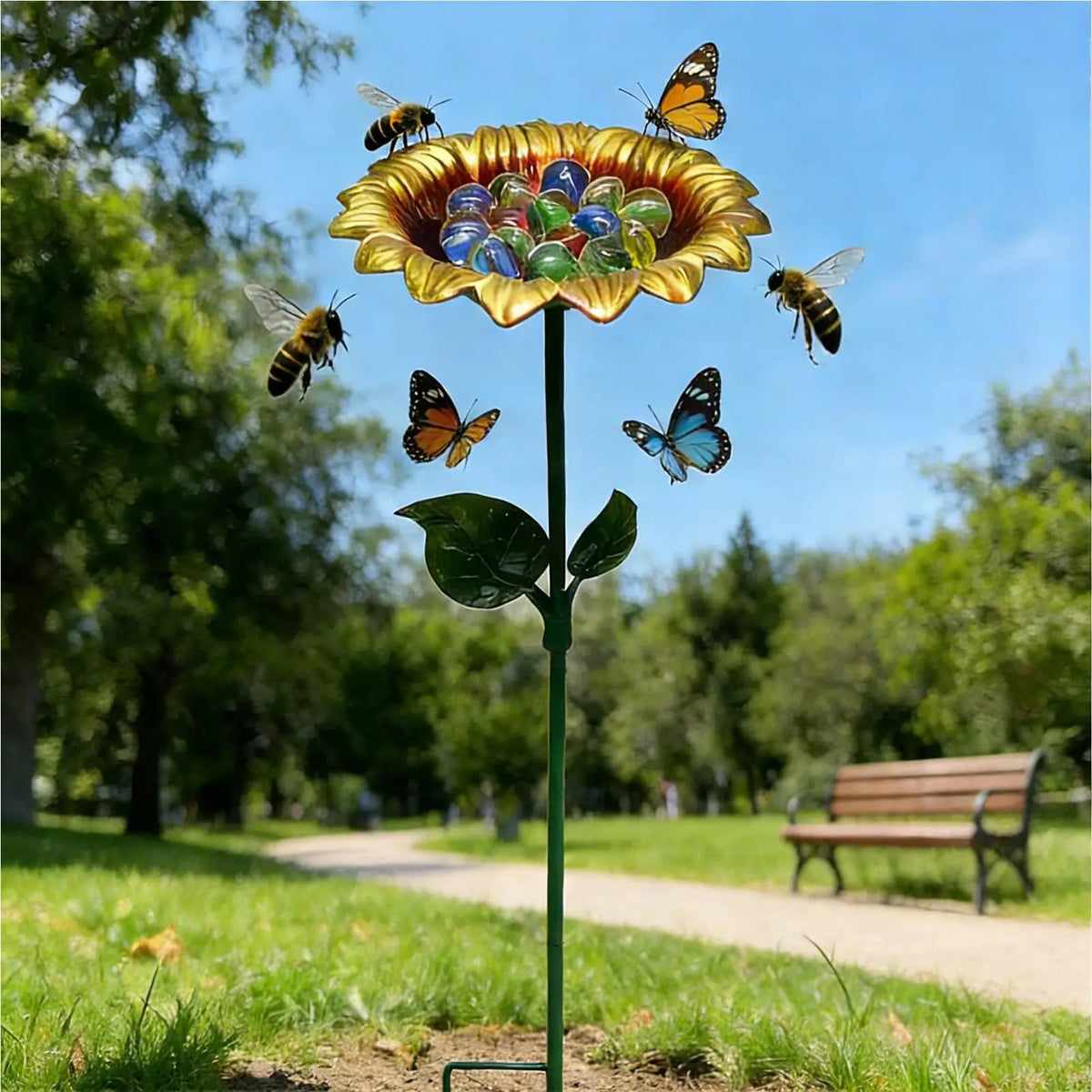 Metal Sunflower Bird Bath – Outdoor Standing Water Feeder