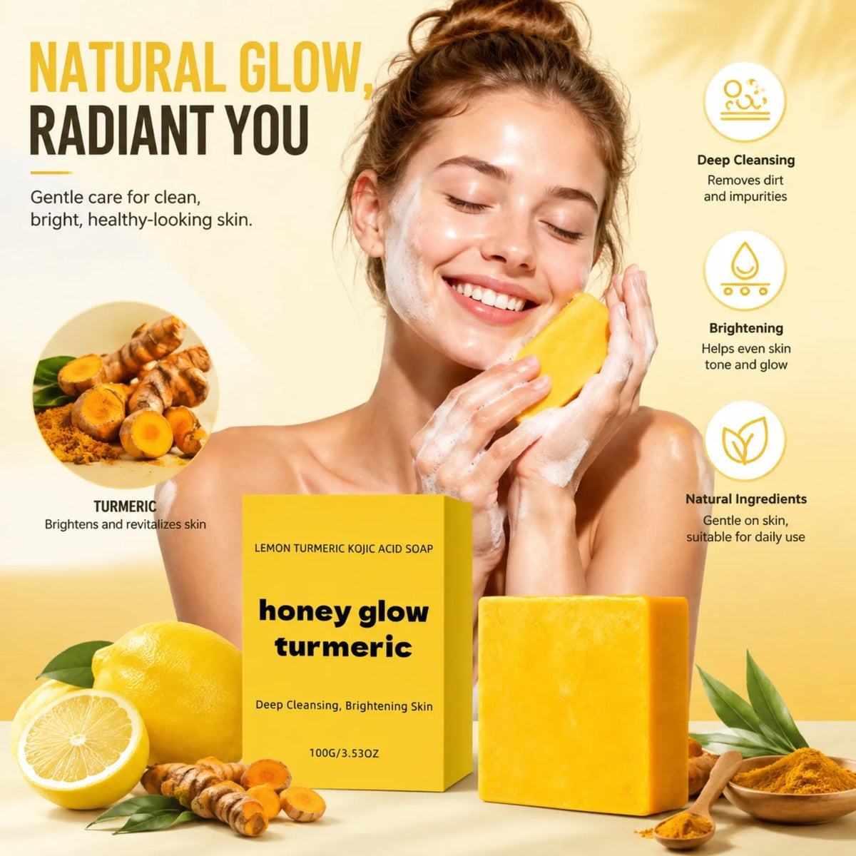 Turmeric Kojic Acid Bar Soap – Honey, Lemon Deep Cleanse