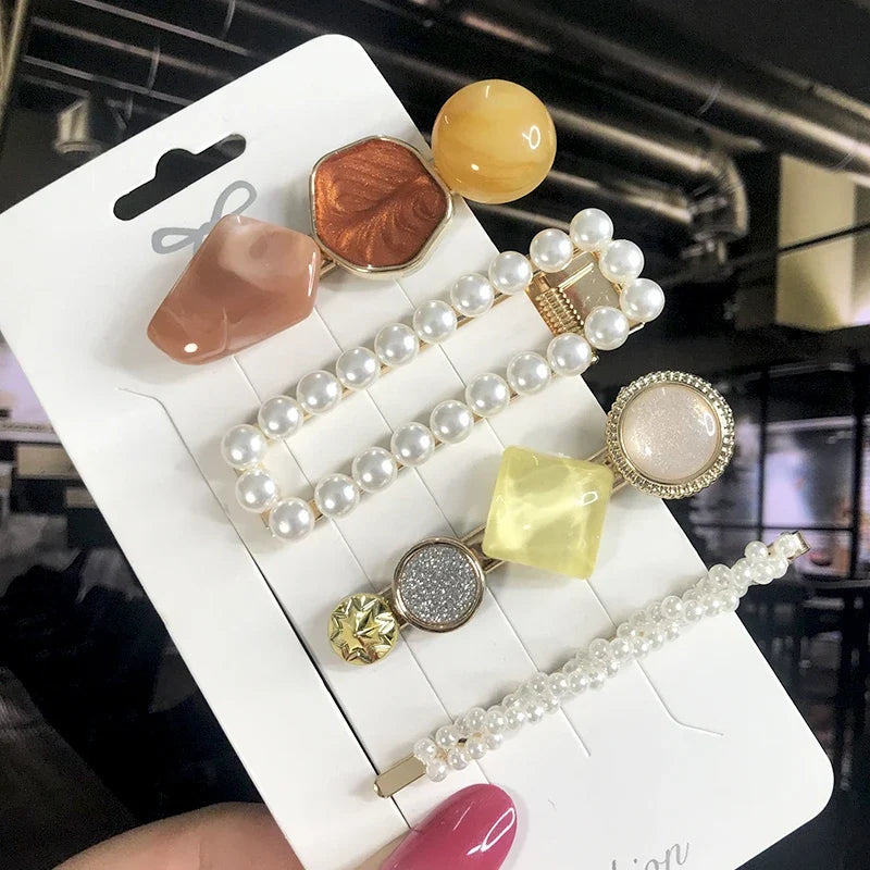 Pearl Crystal Hair Clips Set – Korean Geometric Barrettes
