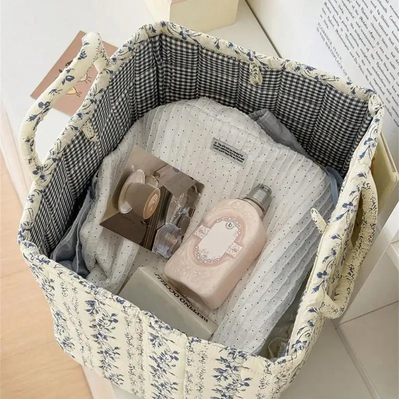 Large Quilted Floral Storage Basket with Handles – Foldable