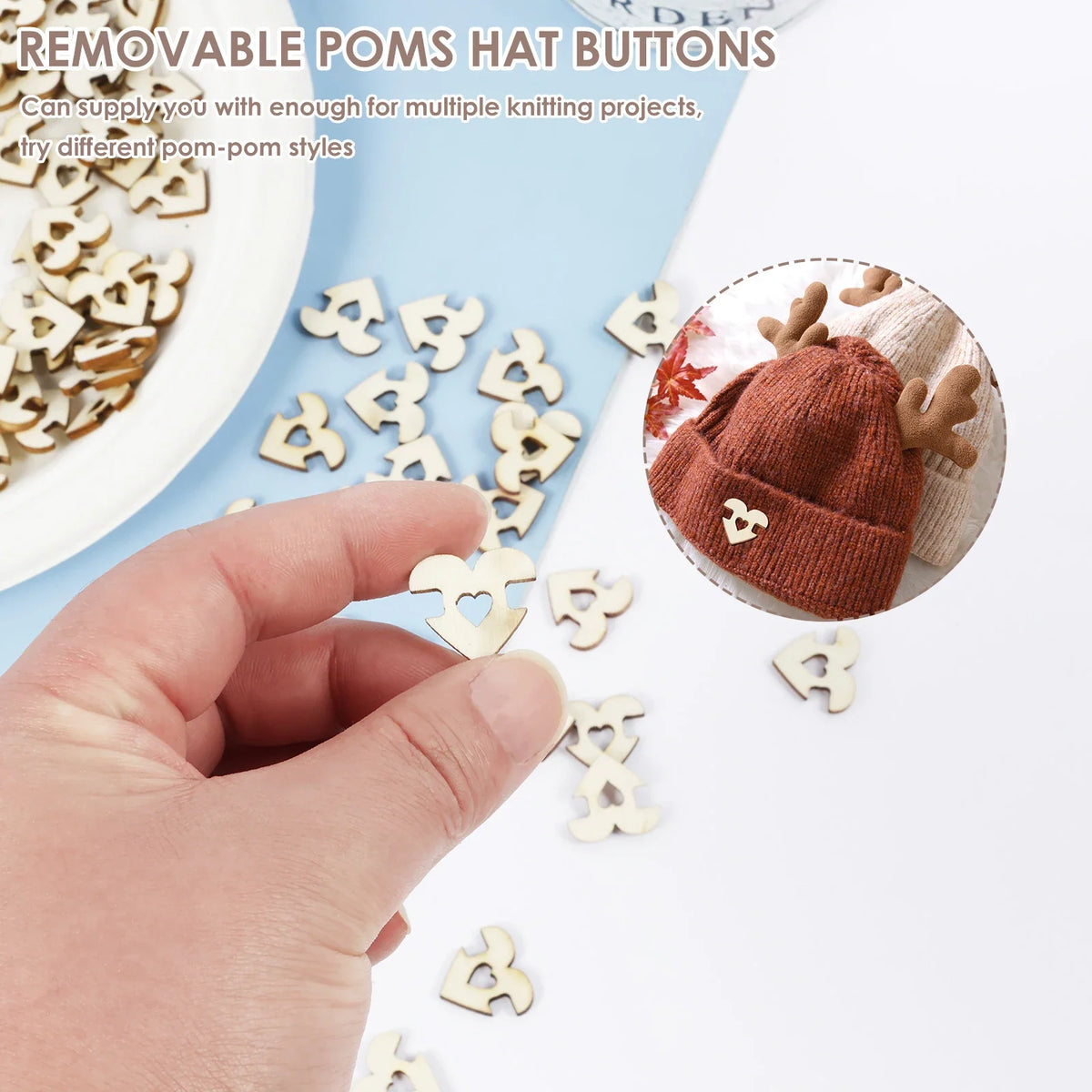 120Pcs Wood Pom Pom Buttons – Removable Hat Fasteners