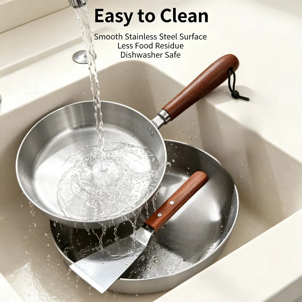 Nonstick Stainless Steel Frying Pan & Spatula Set | Wooden Handle