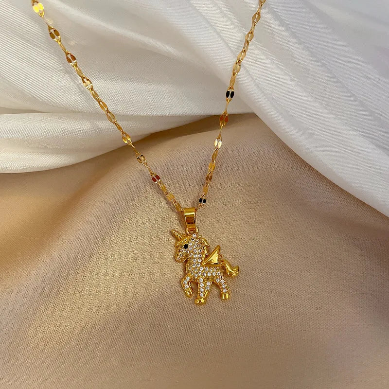 Zircon Unicorn Pendant Necklace | Gold-Plated Women's Jewelry
