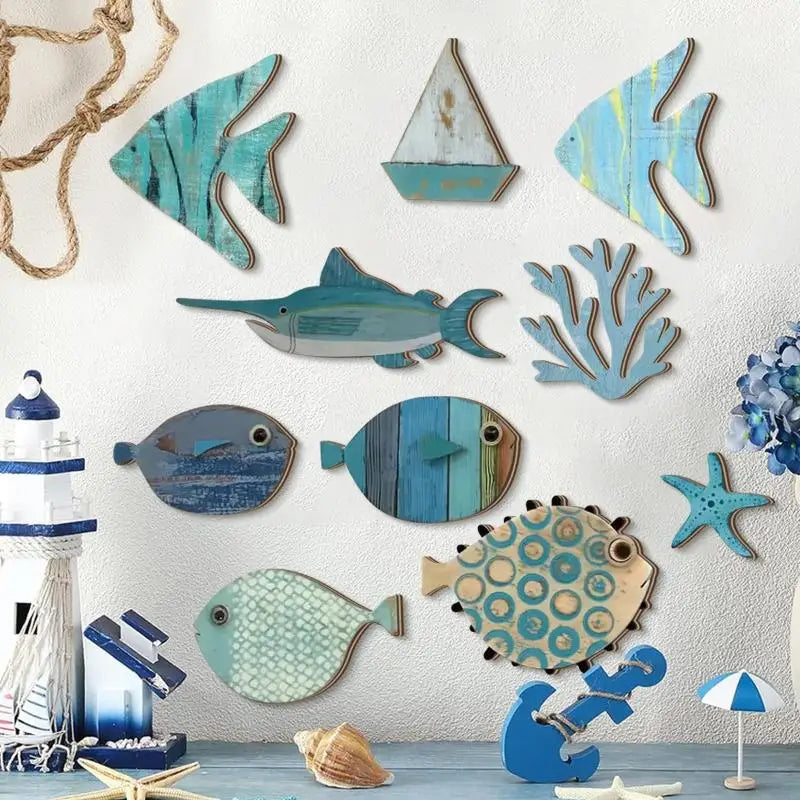 10-Piece Wooden Fish Wall Decor – Nautical Coastal Beach Art