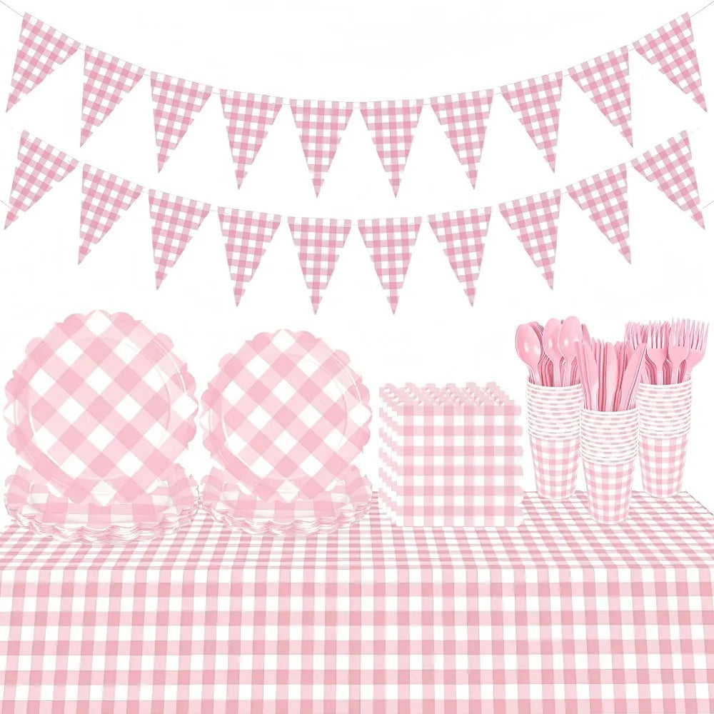 Pink Checkered Party Tableware Set – Serves 25 Guests