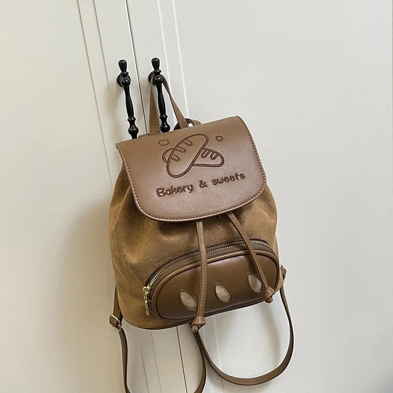 Korean Cartoon Embroidered Suede Small Backpack for Women