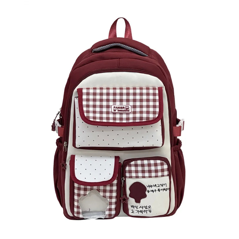 Polka Dot Plaid Girls School Backpack – Large Capacity Bag