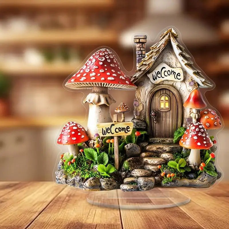 2D Acrylic Fairy Mushroom Cottage Desktop Ornament Plaque
