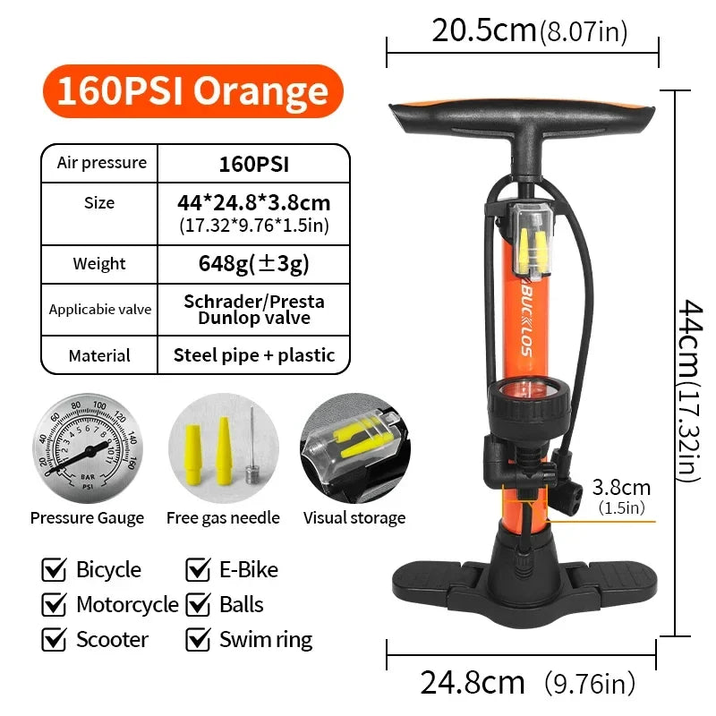 BUCKLOS 160PSI Bike Floor Pump – Schrader & Presta Valve