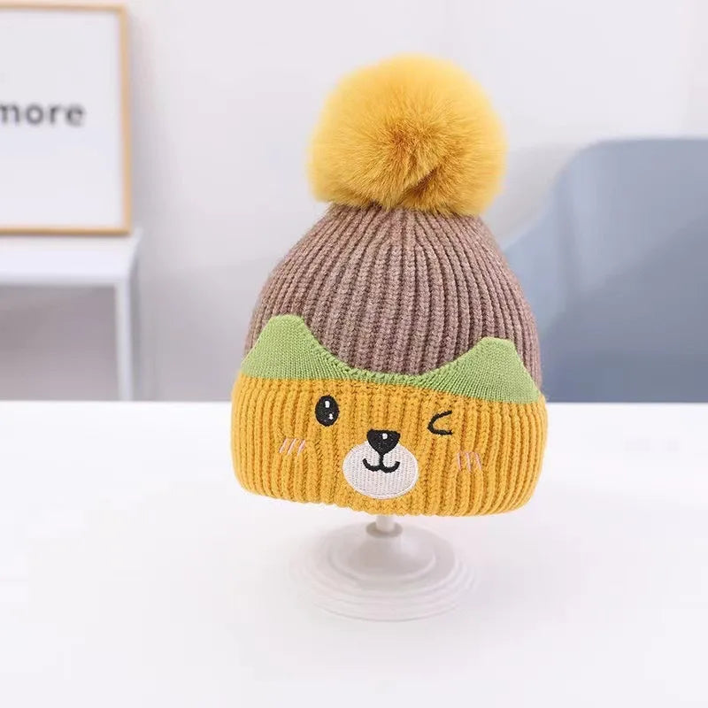 Soft Fluffy Baby Pompom Knit Hat – Cartoon Ear Protection Cap