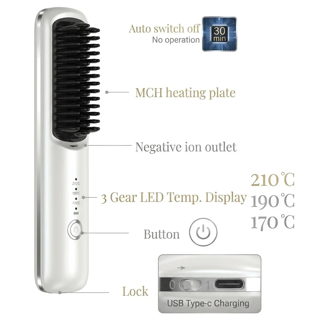 Wireless Ceramic Ionic Hair Straightener Brush 2-in-1 | USB