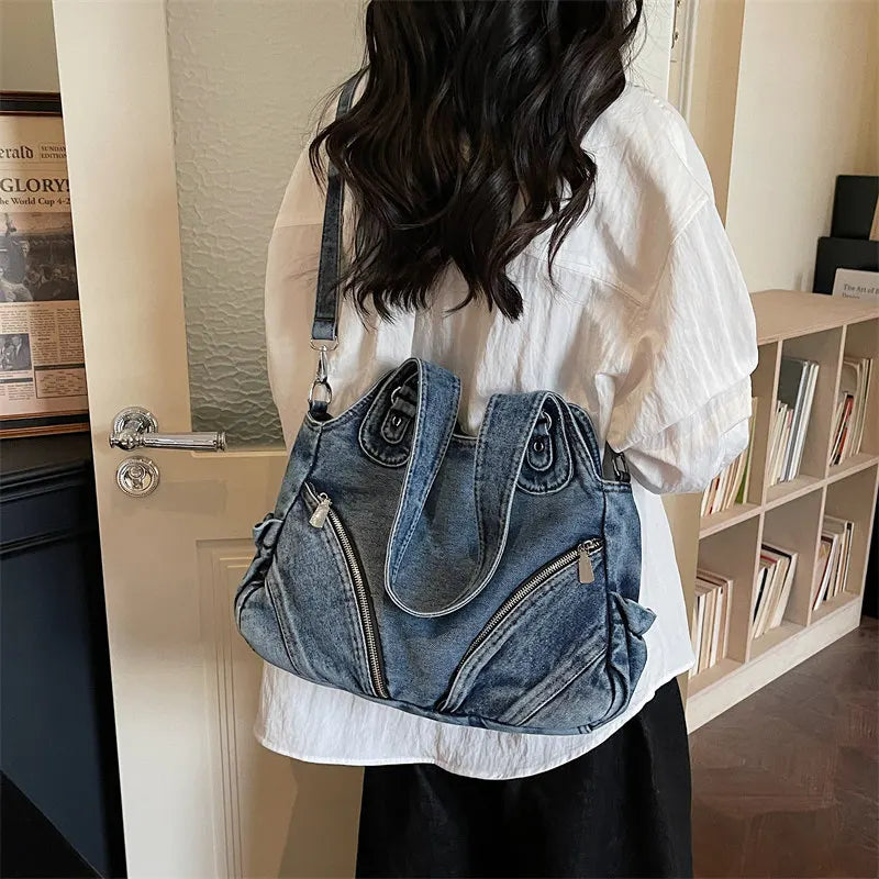 Women's Large Capacity Denim Tote Shoulder Bag – Retro Style