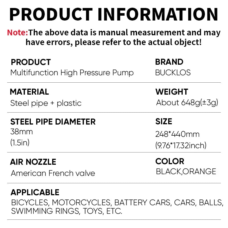 BUCKLOS 160PSI Bike Floor Pump – Schrader & Presta Valve