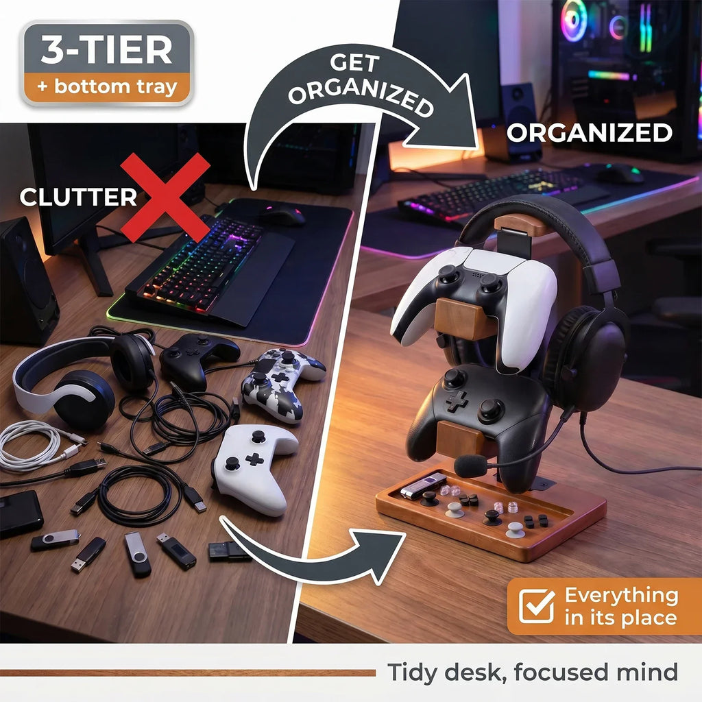 Solid Wood 3-Tier Headphone & Gamepad Organizer Stand