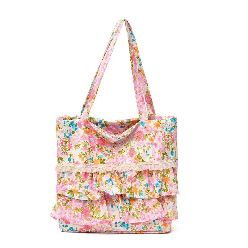 French Floral Drawstring Tote Bag – Lace Trim Canvas Shoulder Bag