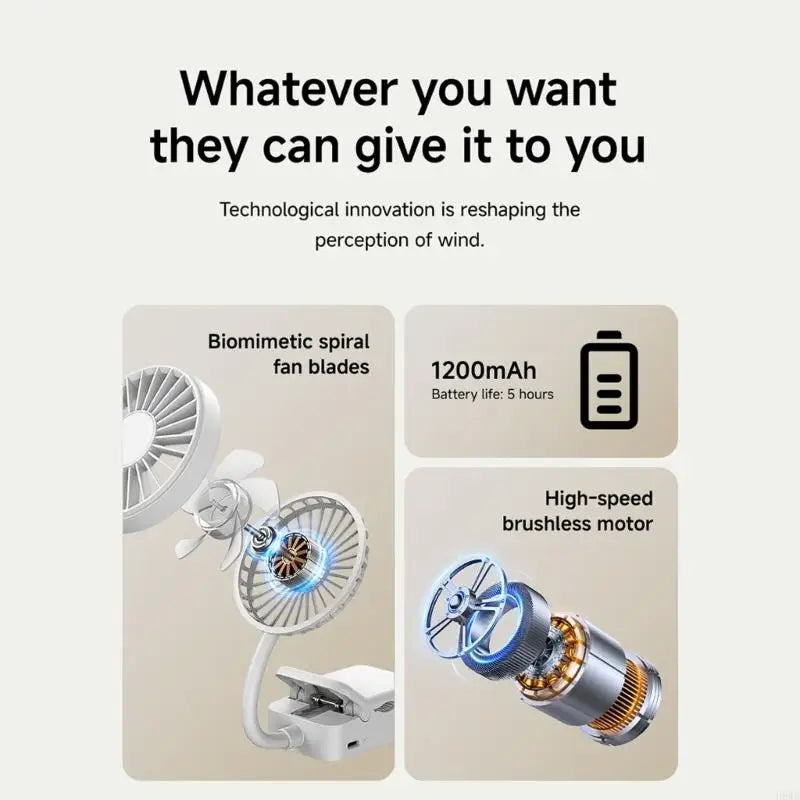 Portable USB Clip Fan | 3 Speeds & 1200mAh Battery