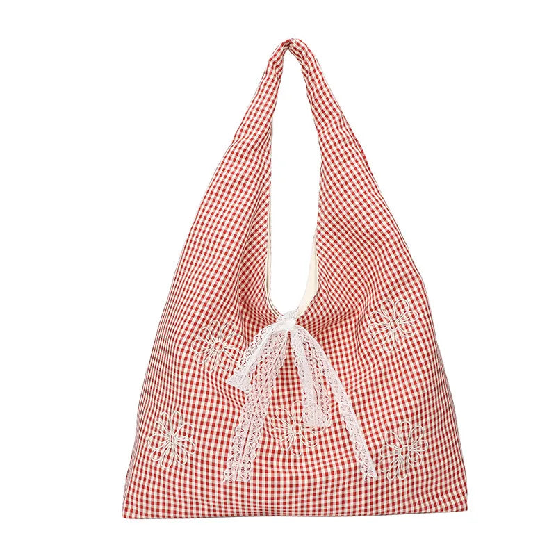 Women's Plaid Shoulder Bag with Embroidered Flowers | Large