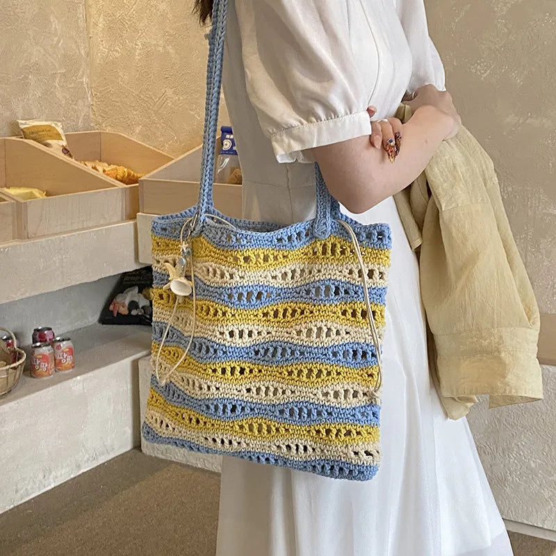 Women's Large Crochet Tote – Two-Tone Striped Shoulder Bag