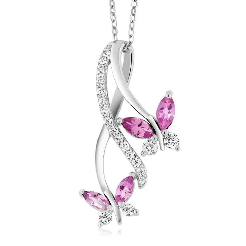 Women's Zircon Butterfly Pendant Necklace | Silver Blue Red Green