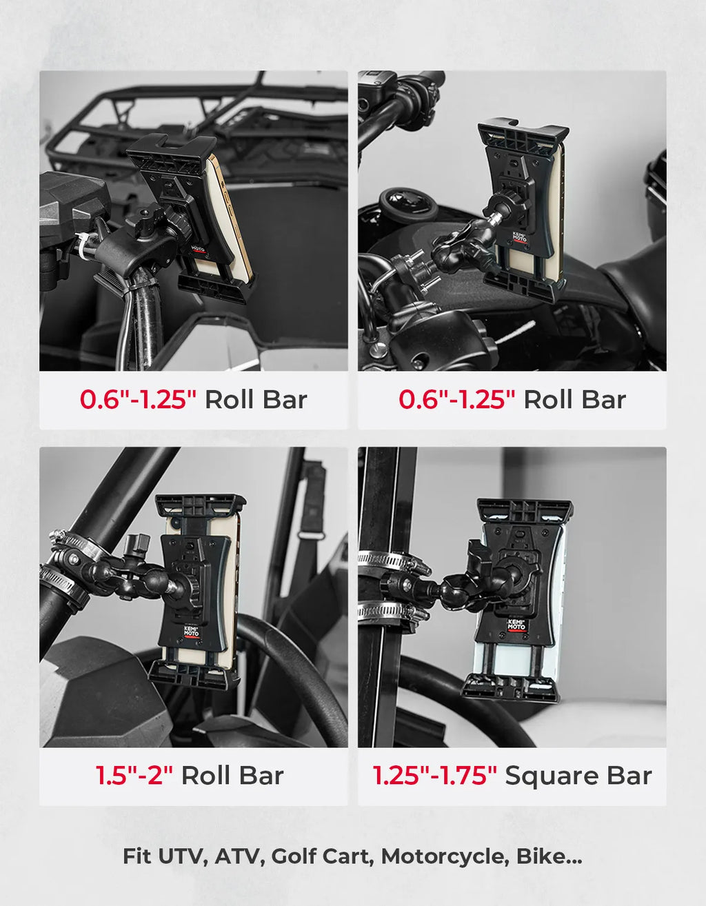 KEMIMOTO UTV ATV Phone Mount – 720° Adjustable, Fits 4.7"–13"