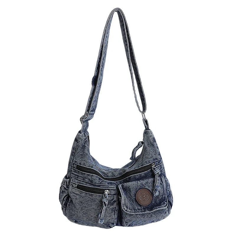 Japanese Washed Denim Multi-Pocket Women's Shoulder Bag