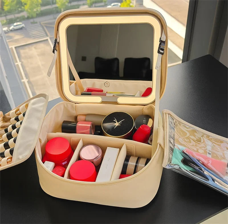 LED Lighted Makeup Bag with Mirror – Large PU Leather Organizer