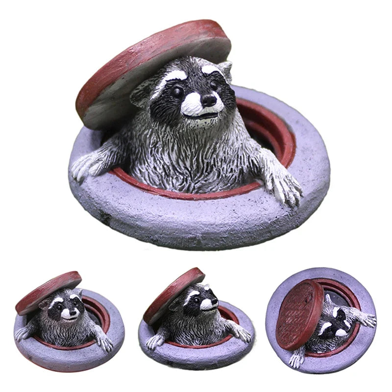 Raccoon Manhole Cover Garden Ornament – Resin Microlandscape Decor