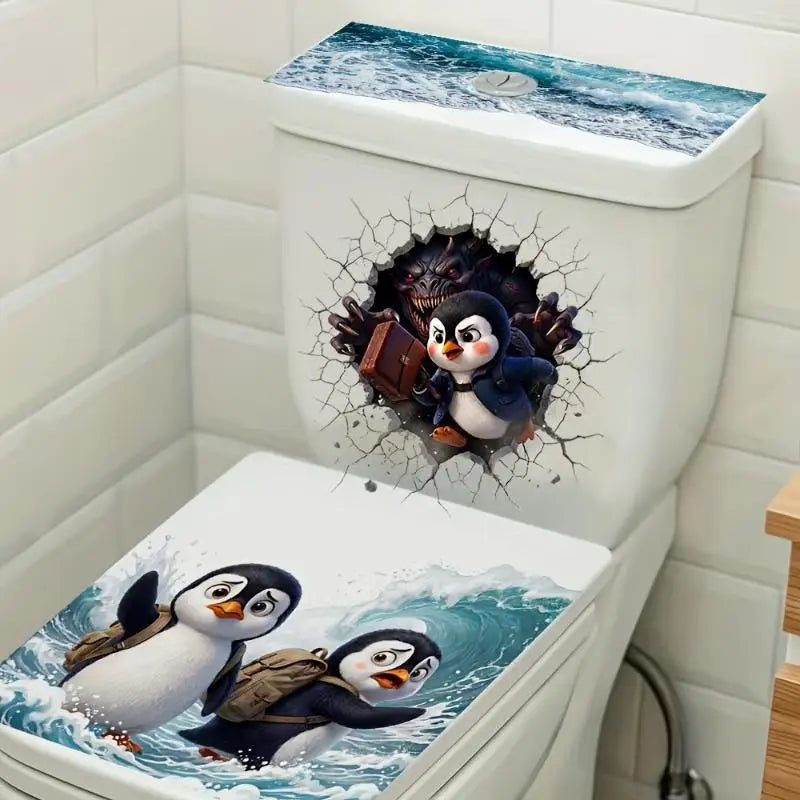 3D Penguin Toilet Lid Sticker – Funny Waterproof Bathroom Decal