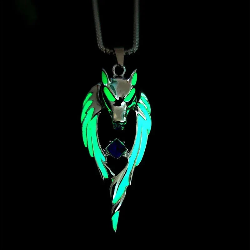 Glow in the Dark Wolf Pendant Necklace | Gothic Punk Steel Chain