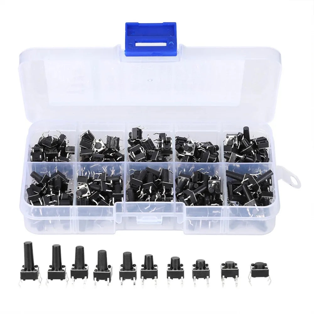 200PCS Tactile Push Button Switch Kit – 10 Values 6x6mm 4-Pin