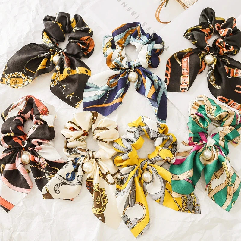 Chiffon Pearl Bow Hair Scrunchies – Women's Ponytail Holder
