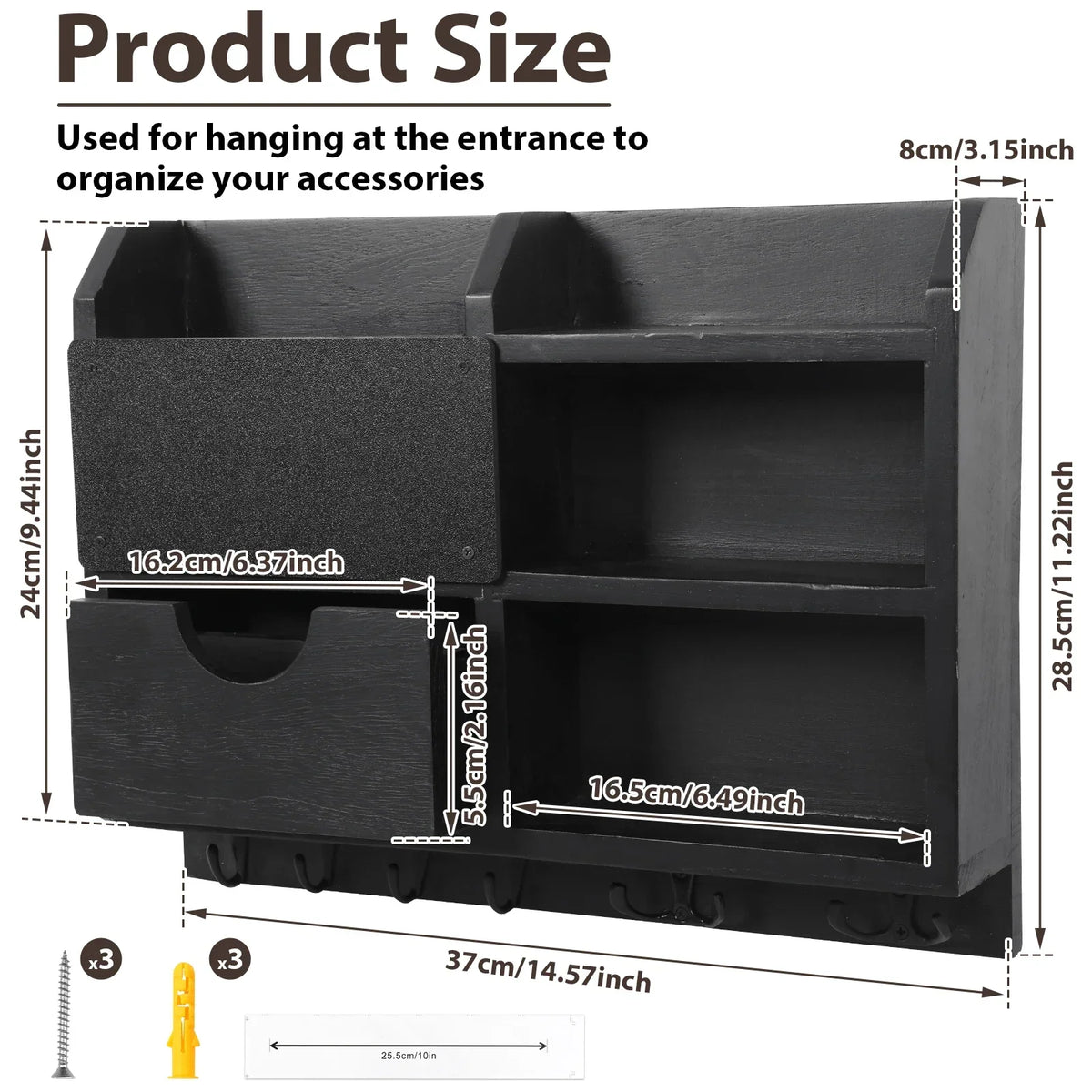 Wooden Wall-Mounted Key & Mail Organizer with Hooks & Drawer
