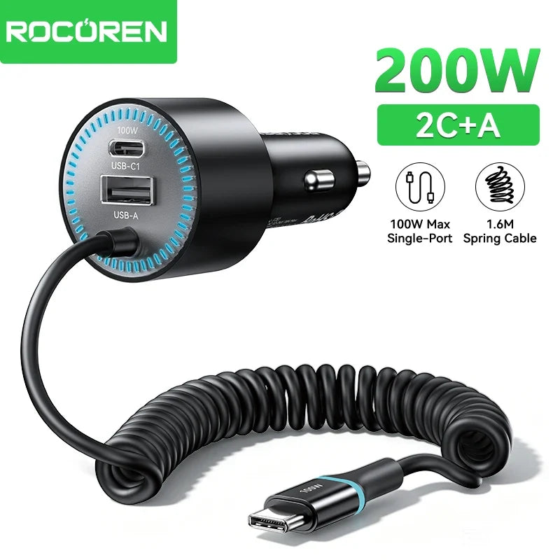 Rocoren 200W Car Charger PD 100W USB-C & Spring Cable