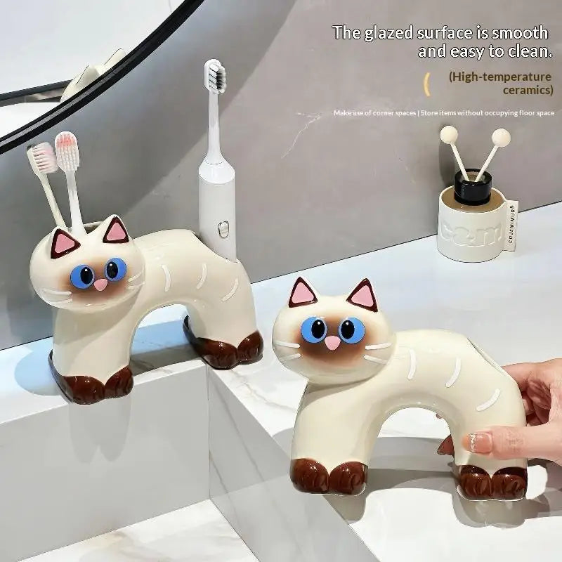 Ceramic Cat Toothbrush Holder – No-Drill Self-Adhesive Rack