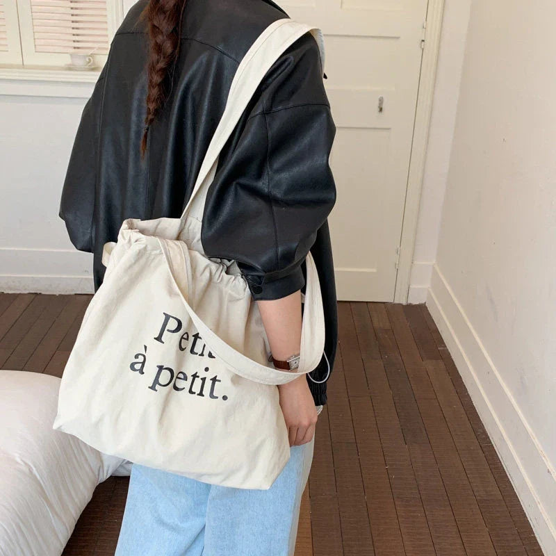 Korean Canvas Bucket Bag – Letter Print Shoulder Tote